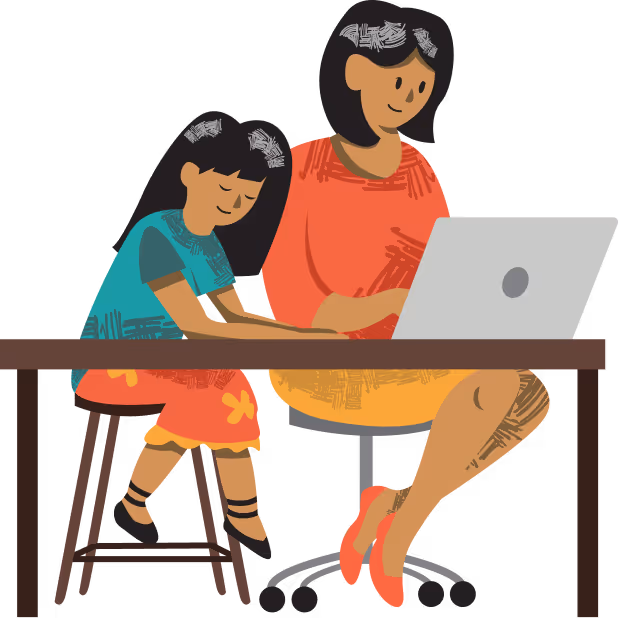 Hija con su mamá sentadas detrás de un escritorio con una computadora donde la mamá esta trabajando